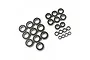 A collection of various sized rubber shielded ball bearings arranged on a white background.