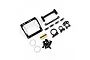 A set of black aluminium RC motor mount parts, including a frame, brackets, screws, and washers on a white background.