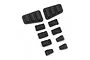 A set of small black scale RC car accessories including hood vents, door hinges, and bonnet hinges on a white background.