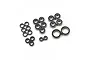 A collection of various sized metal ball bearings with black rubber seals arranged on a white background.