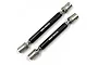 Two Yeah Racing black aluminium CVD driveshafts for RC cars, featuring silver metal joints and white branding on the black shafts.