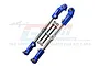 Two blue aluminium and stainless steel adjustable steering links for RC cars by GPM Racing, shown with included mounting hardware.