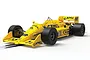 A 1/32 scale Scalextric Lotus 99T slot car in iconic yellow Camel livery, angled to show the front and side detail on a white background.