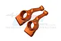 Two orange anodized aluminium rear hub carriers for an RC car, shown from an angled perspective against a white background.