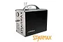 A Sparmax Arism airbrush compressor with a black body, silver front panel, pressure gauge, and integrated airbrush holder on top.