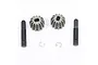 A set of two metal differential bevel gears, two metal shafts, and two small E-clips arranged on a white background.