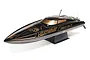 Pro Boat Recoil 2 V2 26-inch RC speed boat in Heat Wave black and gold livery, displayed on a black plastic boat stand against a white background.
