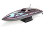 Pro Boat Recoil 2 V2 26 inch RC speed boat in Shreddy Grey livery with pink and light blue accents on a black display stand.