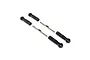 Two metal turnbuckles and four black plastic rod ends arranged on a white background.