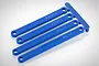 Four blue RPM RC camber links still attached to their plastic molding tree on a white background.