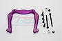 GPM Racing purple anodized aluminium front shock tower with included screws, nuts, and spacers on a white background.