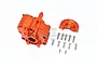 GPM Racing orange anodized aluminium centre gearbox case with mounting hardware on a white background.