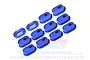 A set of blue anodized aluminium chain tension adjusters for RC motorcycles, featuring various numerical markings and the GPM Racing logo.