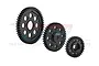 A set of three black GPM Racing carbon steel transmission gears of varying sizes arranged in a row against a white background.