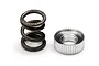 A metal coil spring and a silver-coloured knurled servo saver nut for an HPI Sprint 2 RC car.