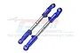 Two blue anodized aluminium adjustable camber links for RC cars by GPM Racing, featuring silver central turnbuckles and engraved 7075 markings.