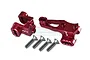 GPM Racing red anodised aluminium front axle linkage mounts for RC cars, including four mounting screws.