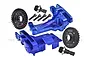 GPM Racing blue aluminium front and rear upper bulkheads with 10T/32T differential gear sets and mounting screws on a white background.