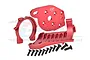 GPM Racing red anodised aluminium motor mount set for RC cars, including mounting plate, bracket, and various black screws.