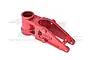 A red anodised aluminium front bulkhead for an RC motorcycle by GPM Racing, viewed from a high angle against a white background.