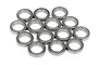 A collection of 14 identical metal ball bearings arranged on a white background.