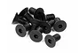 A small pile of ten black metal countersunk hex head screws on a white background.