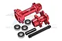 GPM Racing red anodized aluminium front and rear wheel hubs with bearings and spacers on a white background.