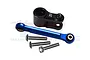 GPM Racing black aluminium 25T servo horn with a blue tie rod and three metal screws on a white background.