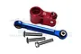 GPM Racing red aluminium 25T servo horn, blue tie rod, and three metal screws on a white background.