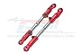 Two red GPM Racing adjustable aluminium camber links for RC cars, featuring silver central turnbuckles and engraved 7075 markings.
