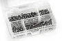 A clear plastic compartment box filled with various stainless steel RC screws, nuts, and washers.