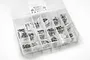 A clear plastic storage organizer box filled with various RC screws, nuts, and washers in individual small plastic bags.