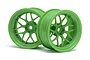 Two bright green HPI Tech 7 RC drift wheels with a multi-spoke design against a white background.