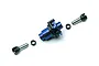 Kyosho blue aluminium front one-way differential unit with two drive cups and two bearings, shown in an exploded view on a white background.