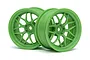 Two bright green HPI Tech 7 RC car rims with a multi-spoke design, shown from a front-facing angle against a white background.