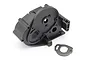 A black plastic HPI V2 gearbox case set with a separate metal motor plate on a white background.