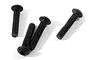 Four black metal button head screws with fine threading arranged on a white background.