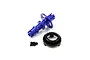 A blue anodized aluminium rigid axle shaft, a black plastic gear, and three small black screws on a white background.