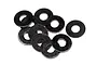 A small pile of ten black metal washers for RC car assembly.