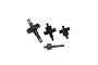 A set of four black metal RC transmission gears and shafts on a white background.