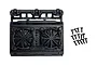 A black plastic 1/10 scale RC radiator assembly accessory by Pandora RC, featuring dual cooling fans and a set of mounting screws.