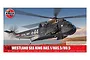 Airfix 1/48 scale Westland Sea King model kit box art showing a Royal Navy helicopter in flight over a coastal landscape.