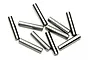 A collection of ten small, cylindrical metal drive pins scattered on a white background.