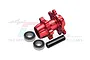GPM Racing red anodized aluminium front wheel hub with two ball bearings and a black metal spacer sleeve on a white background.