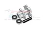GPM Racing silver aluminium front wheel hub with two ball bearings and a black metal spacer, set against a white background.