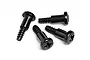 Four black HPI Racing 3x4x12mm coarse thread button head shoulder screws arranged on a white background.