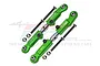 Two green GPM Racing adjustable aluminium camber links with mounting screws and nuts on a white background.
