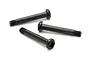 Three black metal shoulder screws with binder heads arranged on a white background.