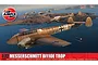Box art for Airfix 1/72 scale Messerschmitt Bf110E TROP model kit showing several aircraft flying over a coastal landscape.