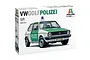 Italeri 1/24 scale 1978 VW Golf Polizei model kit box showing a white and green German police car.